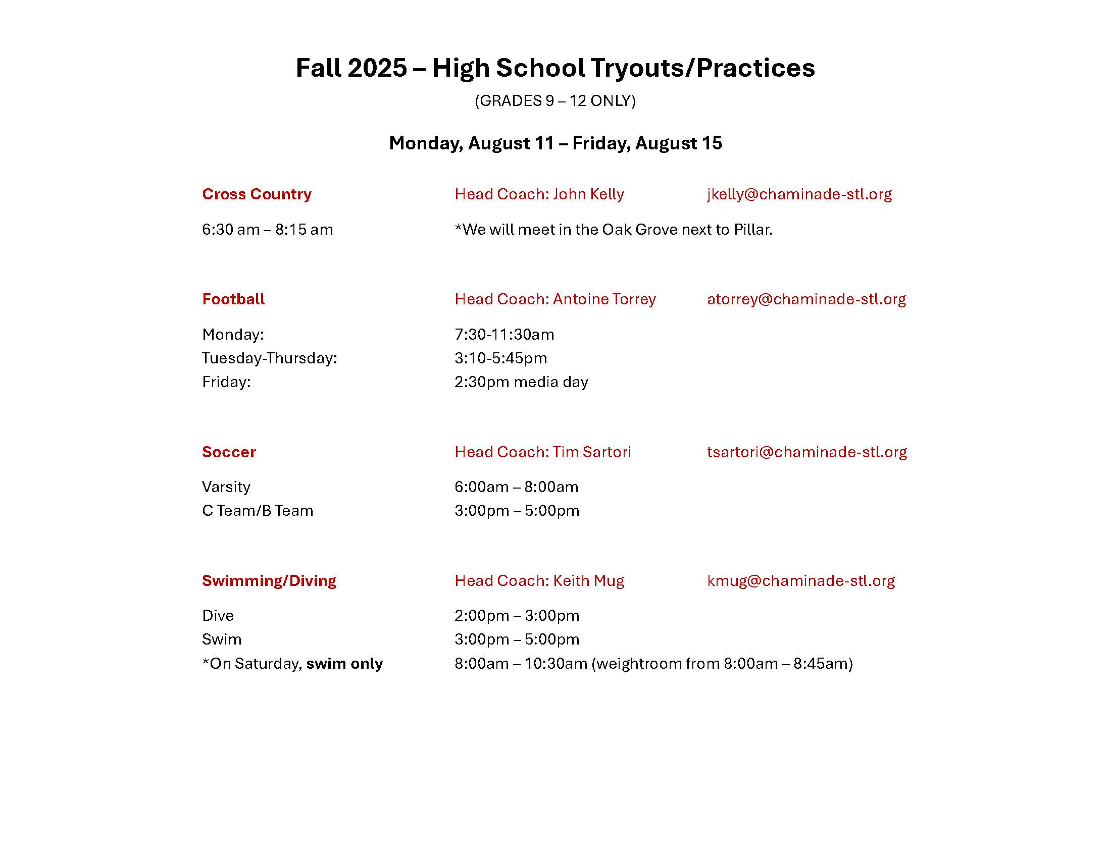 Fall Sport HIGH SCHOOL Tryout Info