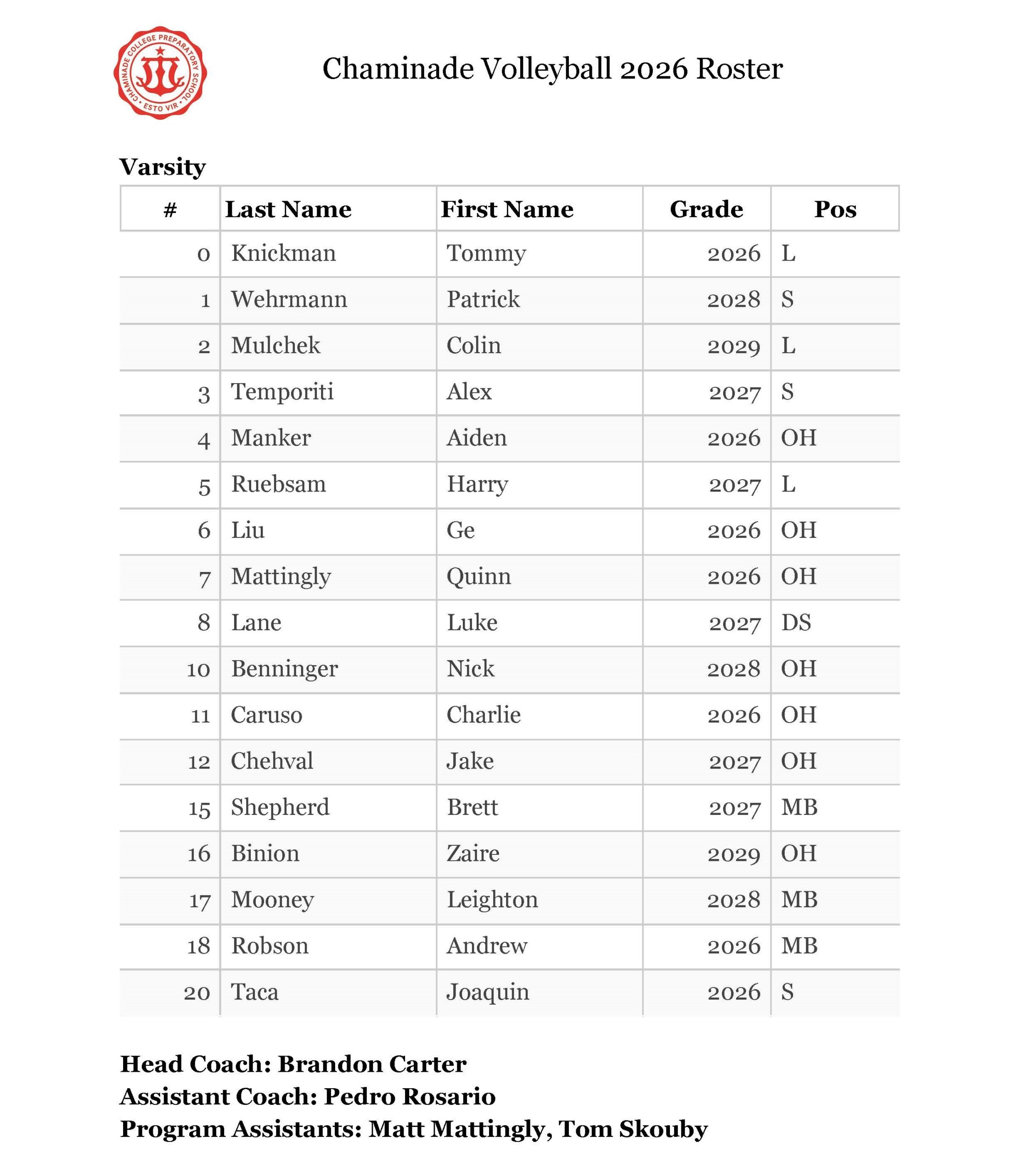 2026 Chaminade Volleyball Roster_Varsity